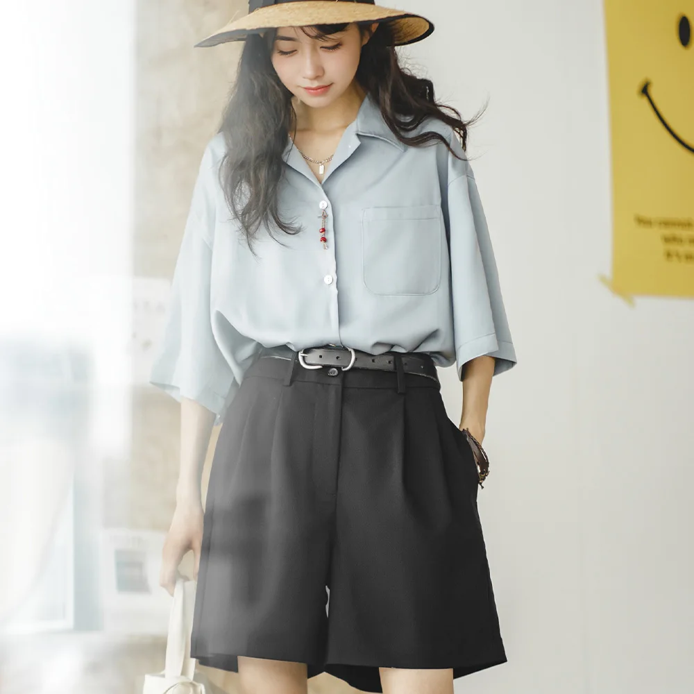 Madden Women's American Retro Pleated Capris Summer Casual Versatile Shorts A-line Mid Waist Slim Wide Leg Pants