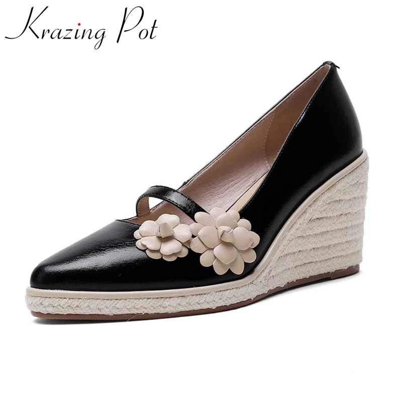 

Krazing Pot new natural leather pointed toe high heels straw wedges gladiator retro fashion flower decorations women pumps L22
