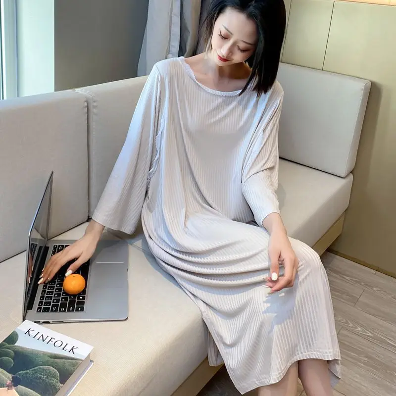 Fdfklak Viscose Night Dress Womens Sexy Sleepwear Female Spring Summer O-Neck Nighty Nightgown Lady Lone Size Nightwear