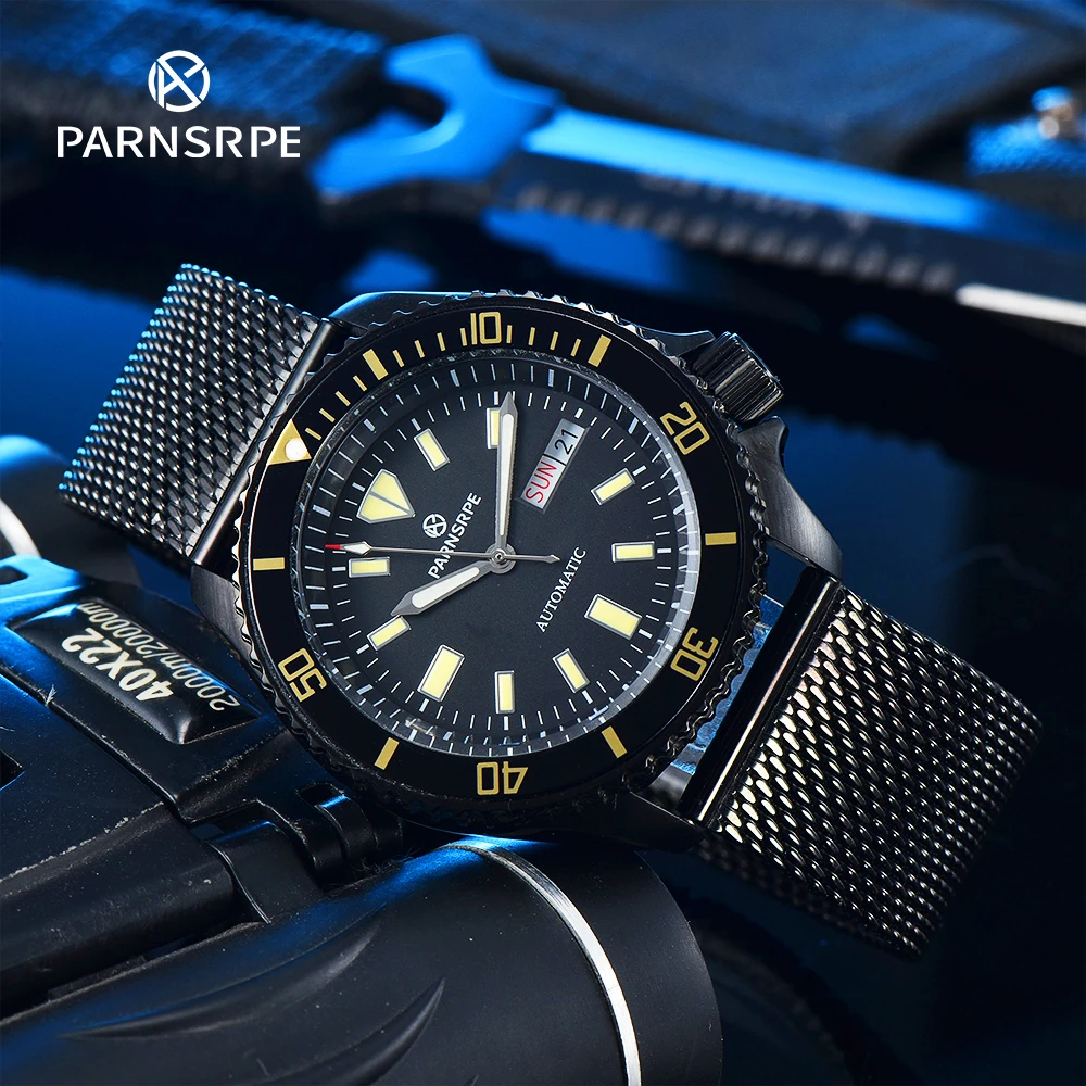 

PARNSRPE SK007 Series Men's Watch NH36A Movement Super Bright Luminous Dial Day Calendar Window Diver Automatic Mechanical Watch