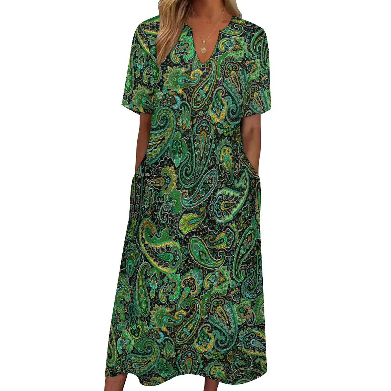 

Green Paisley Dress Summer Vintage Floral Print Street Fashion Bohemia Long Dresses Female Vintage Maxi Dress Gift Idea