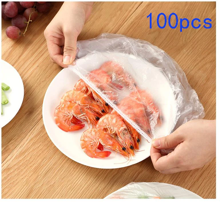 

100pcs Disposable Food Cover Plastic Wrap Elastic Food Lids Storage Kitchen Fresh Keeping Saver Bag For Fruit Bowls Cups Caps