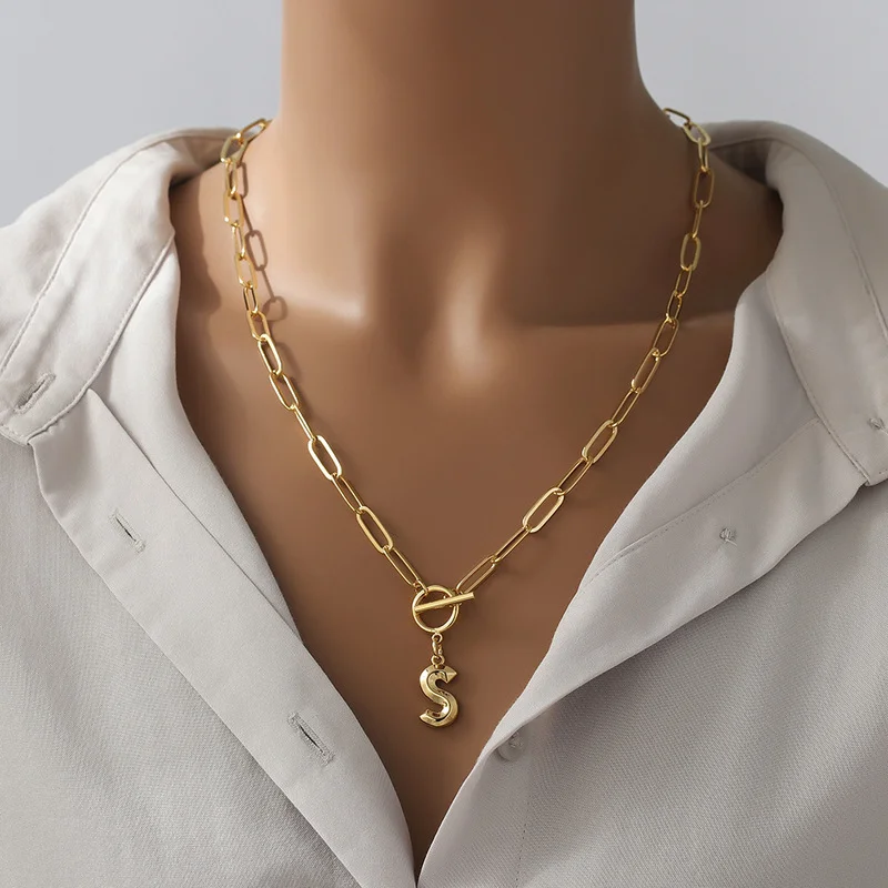 

New Alphabet Necklace Real Gold Plated Trend Hip Hop Alphabet A-Z Thick Chain OT Buckle Necklace Christmas Jewelry Gift