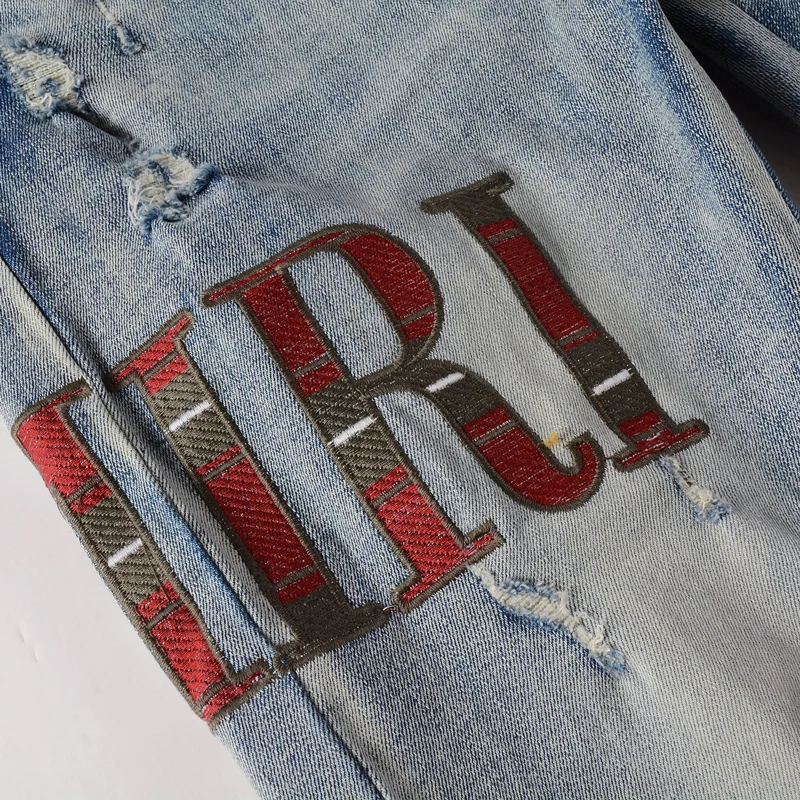 High Street Fashion Men Jeans Retro Blue Elastic Skinny Fit Hole Ripped Jeans Men Buttons Fly Patch Designer Hip Hop Brand Pants