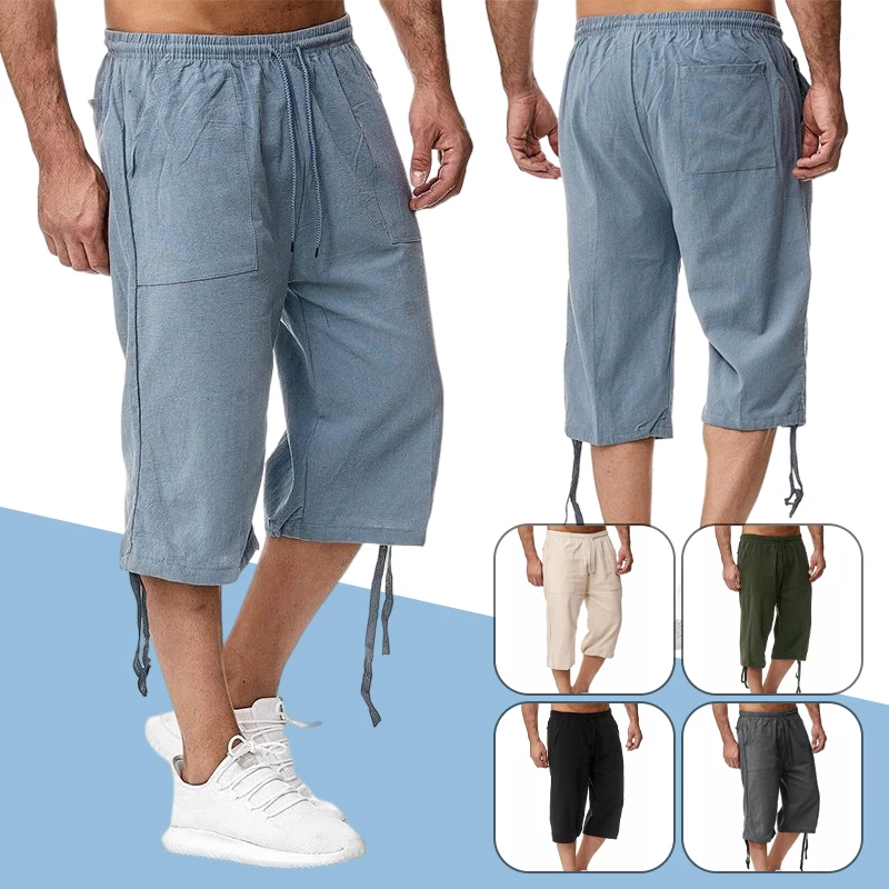 

Men Summr Cotton Linen Pants Men Streetwear Beach Harem Pants Male Casual Solid Calf-lenght Trousers Baggy Joggers