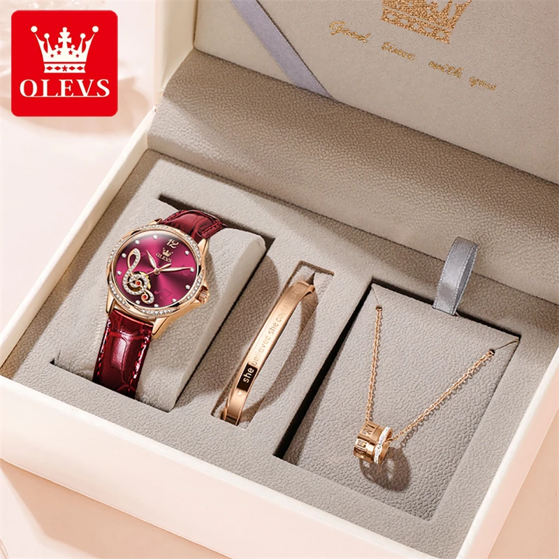 OLEVS Band Luxury Set Bracelet Necklace Women Automatic Mechanical Watch Fashion Leather Diamond Skeleton Watches for Womens enlarge