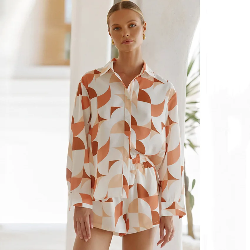 Autumn Long Sleeve Printed Pajamas Silk Satin Pajama Set Two-piece Pj Sets Wholesale Loose Shirt Shorts Home Clothes Sleepwear