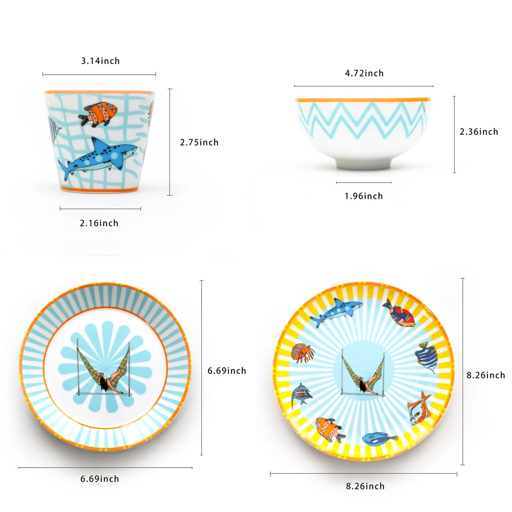 Children's marine fish double tableware ten-piece set bowlware set household light luxury ceramic tableware combination high-end
