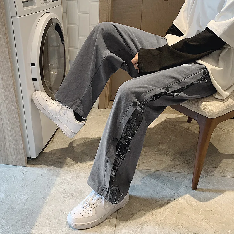 Cashew Flower Breasted Pants Men's Korean Fashion Streetwear Summer Casual Straight Gothic Pants Loose Wide Leg Pants Trousers