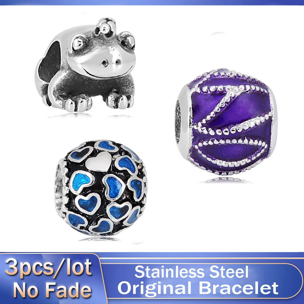 

3pcs Stainless Steel No Zirconia Round Charm Beads Fit Original Pandoraer Boy Girl Bracelet & Bangle For Women Jewelry Making