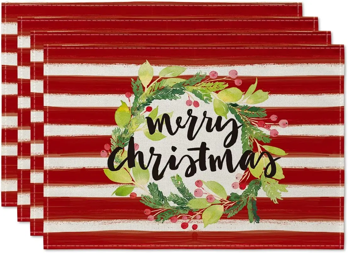 

Red Stripes Flower Wreath Merry Christmas Placemats Set of 4 12x18 Inch Seasonal Winter Xmas Holiday Table Mats for Party
