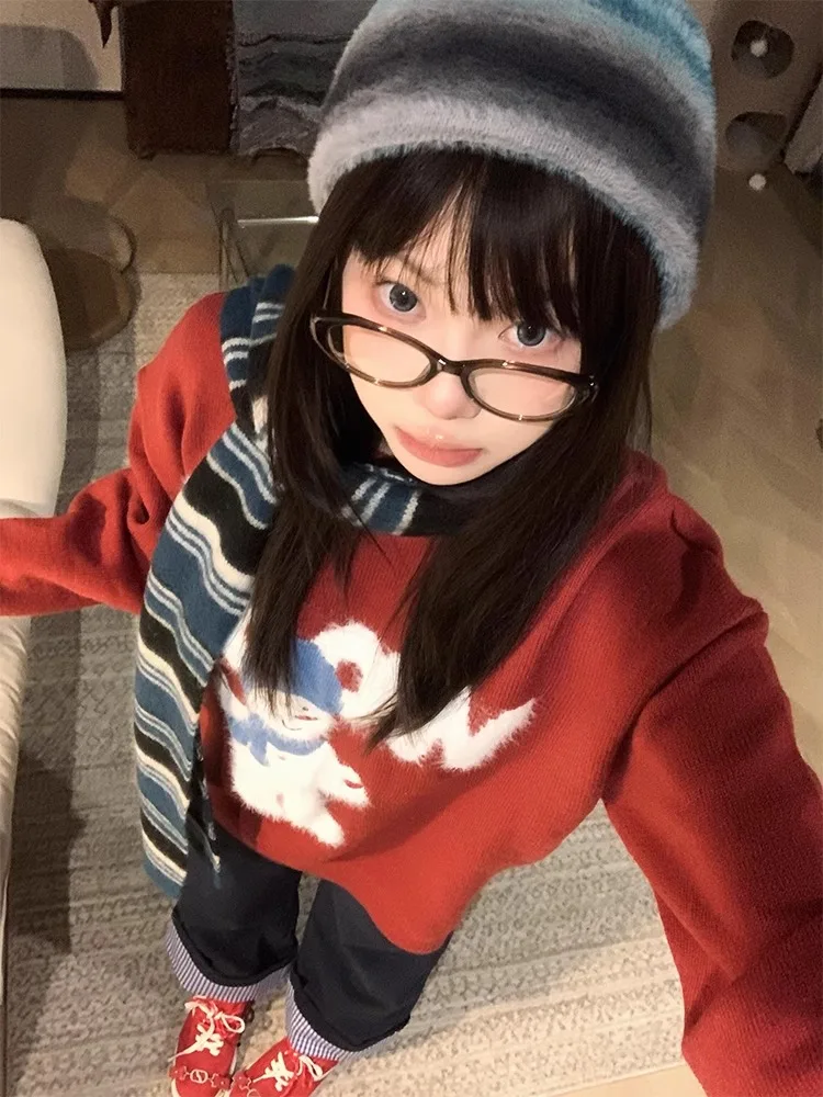 Красный рождественский атмосферный свитер с круглым вырезом Ice Man женский