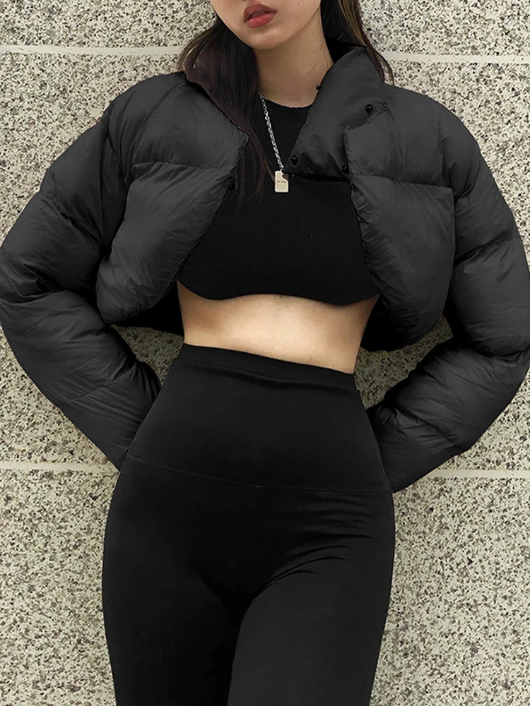 Casual Turtleneck Long Sleeve Down Coats Hipster Front Split Oversized Outerwear Autumn Winter Puffer Warm Thicken Cropped Parka