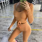 Комплект для йоги Женская спортивная одежда Топ с длинным рукавом Леггинсы с высокой талией на шнуровке спортивные брюки Одежда для тренировок одежда для спортзала A064TP