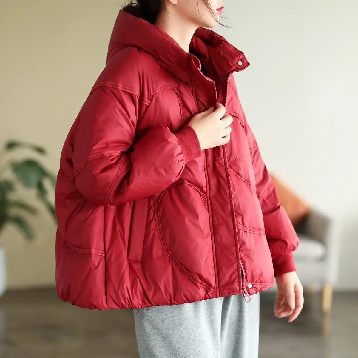 Women 2023 New Winter Korean Style White Duck Down Loose Jackets Fashion Casual Ladies Long Sleeve Hooded Coats Tops C56