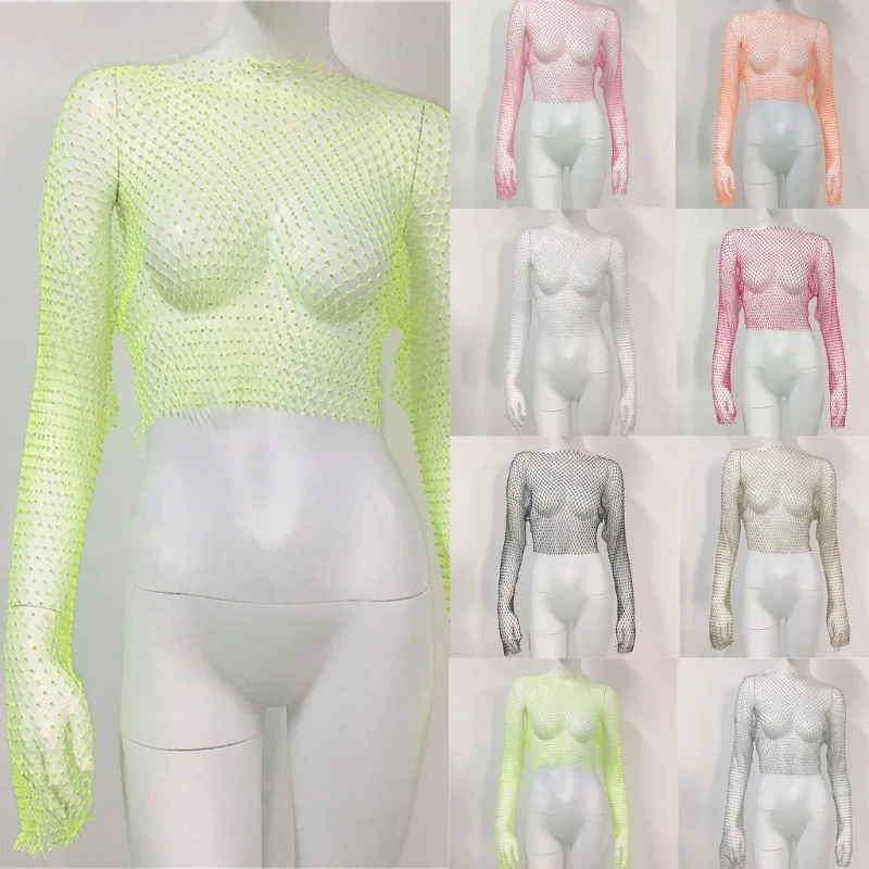 

Women Rhinestones Fishnet T-Shirt See Through Flared Sleeve Crop Top Clubwear