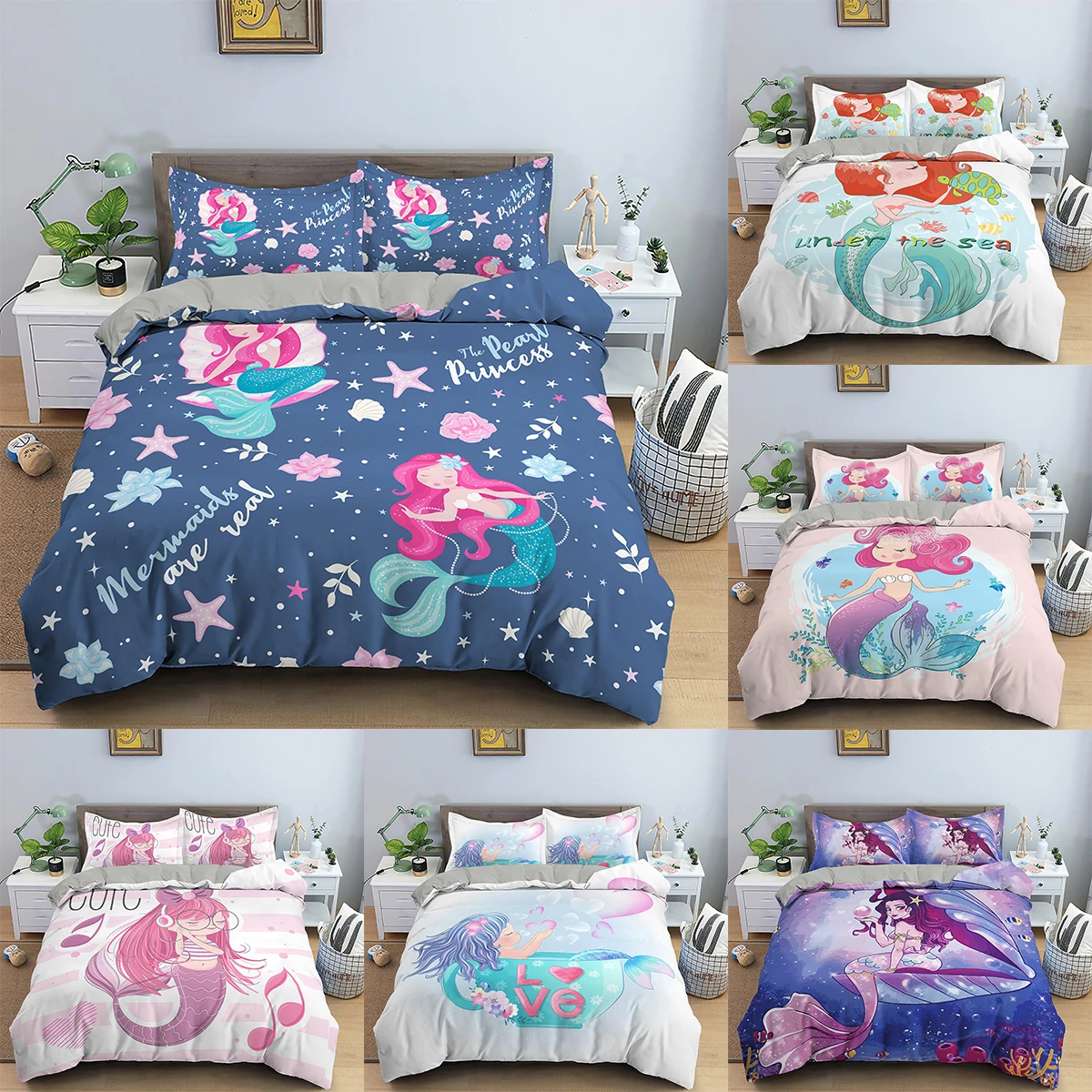 

Cartoon Mermaid Duvet Cover King Queen Size Bedding Set Cute Comforter Bedding Sets Quilt Covers For Child With Pillow Case