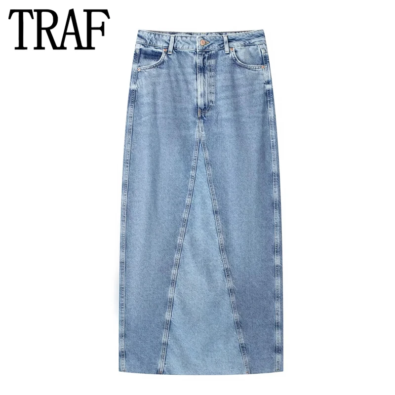 

TRAF 2023 Woman Jeans Long Skirts For Women Fashion 2023 High Waist Denim Skirt With Slit Streetwear Elegant Summer Skirt