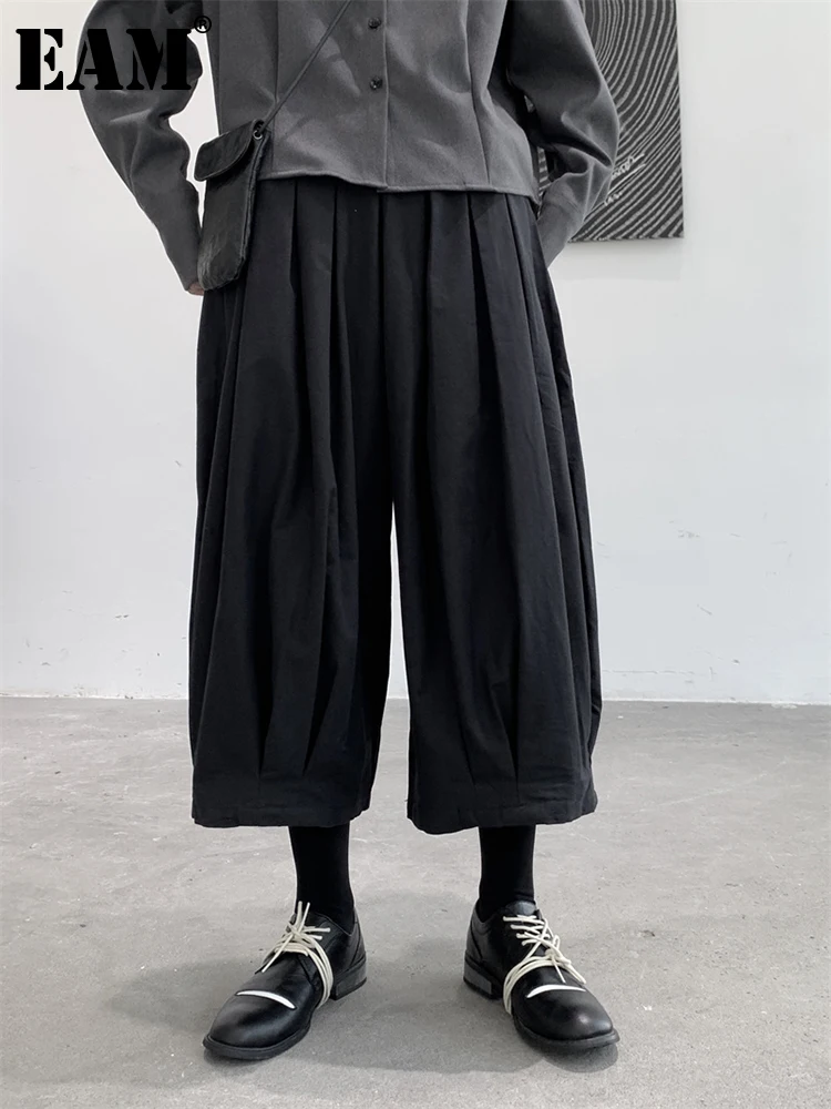 

[EAM] High Elastic Waist Black Pleated Long Wide Leg Pants New Loose Fit Trousers Women Fashion Tide Spring Autumn 2023 1DF2464