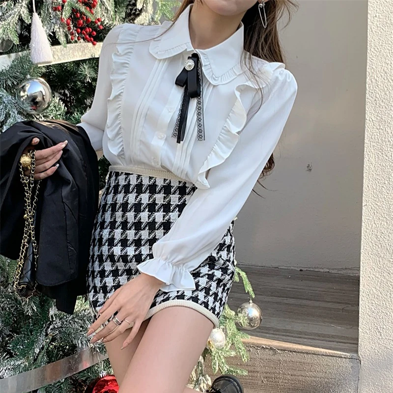 

Комплект из 3 предметов, женская летняя белая рубашка с оборками, трапециевидная клетчатая мини-юбка, черный блейзер, костюм в стиле преппи, ...