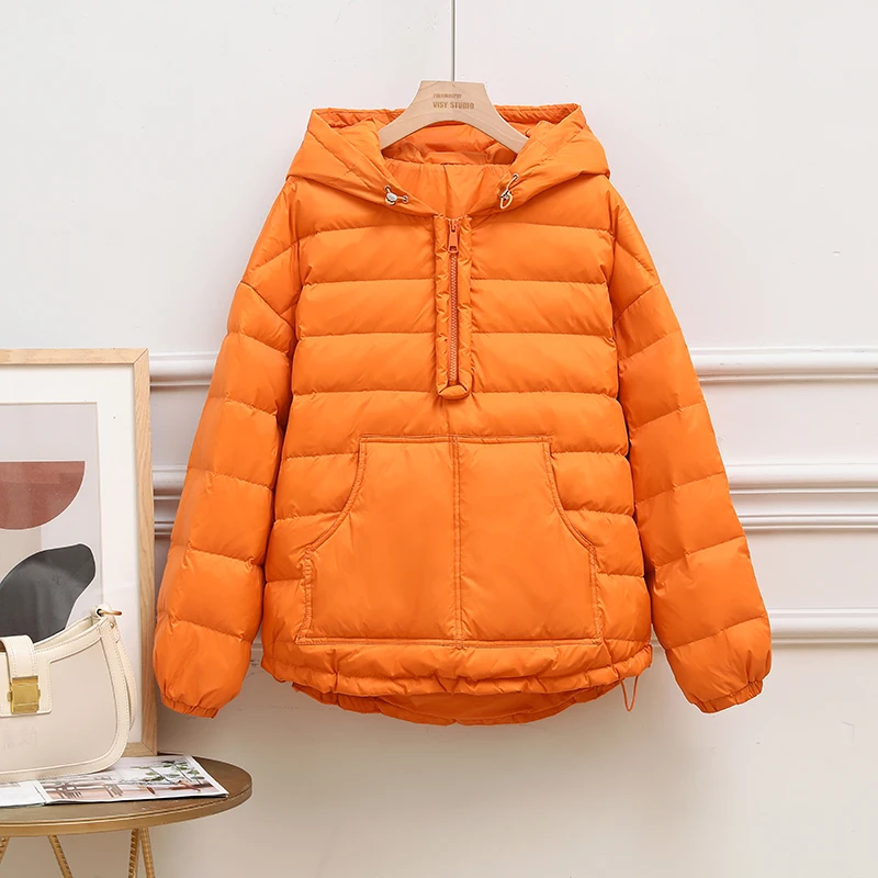 2022 autumn winter new Korean version loose sweater fashion half zipper pullover light white duck down short down jacket women
