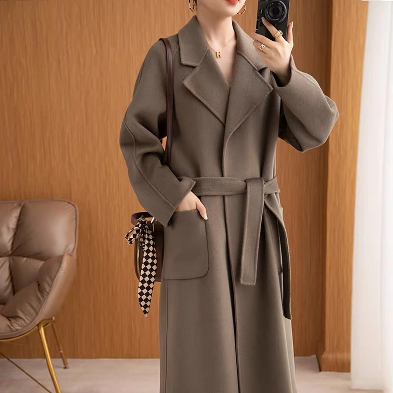 

Внесезонное двухстороннее кашемировое шерстяное пальто, женское средней длины 2023, высококачественное верблюжьего цвета, осенне-зимнее 100% шерстяное пальто
