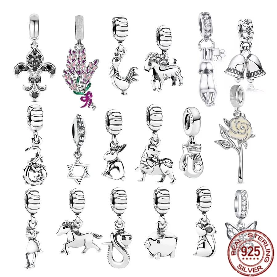 Подвеска в виде китайского знака зодиака, дракон, лошадь, кролик, свинка, серебро 925 пробы, маленький колокольчик, цветок, Шарм-бусина, подходит для оригинального браслета Pandora, DIY ювелирные изделия