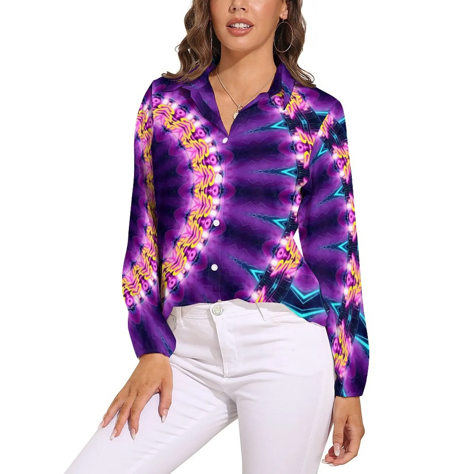 

Neon Sunflower Blouse Blacklight Mandala Kawaii Printed Blouses Womens Long-Sleeve Casual Shirts Autumn Oversized Top