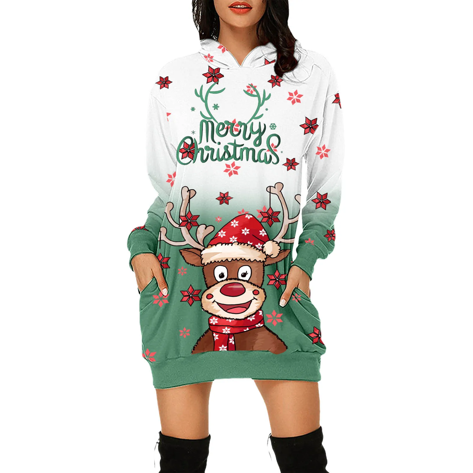 

Sweatshirt Dress For Women Christmas Printed Long Sleeve Shirts Autumn Winter Fashion Casual Loose Oversized Hooded Dress Women