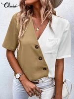 celmia fashion blouses women summer oversize color blocking short sleeve top v neck pockets buttons casual shirts elegant tunic