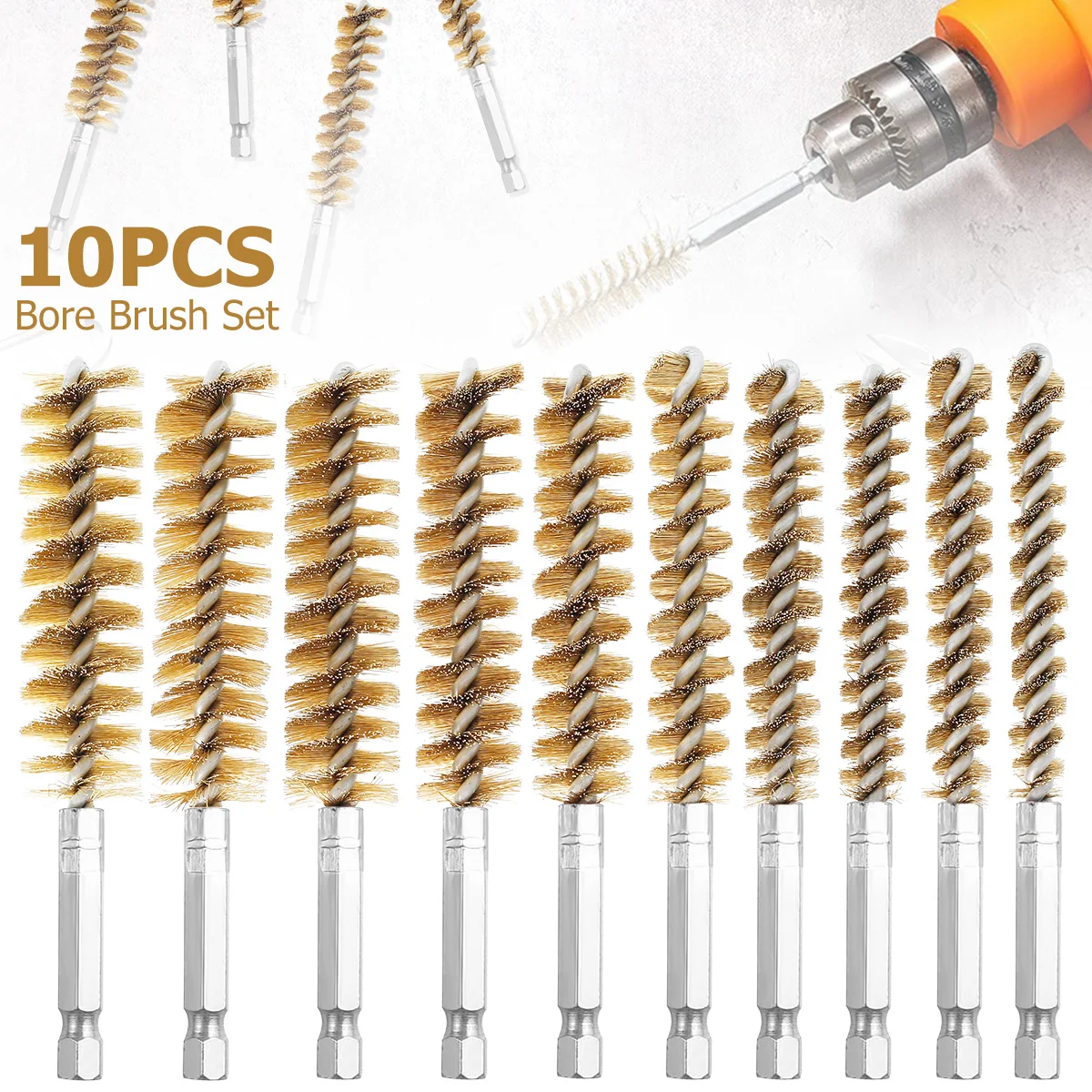 

10Pcs Bore Brush Set Brass Twisted Wire Cleaning Brush Set With 1/4" Hex Shank 8/10/11/12/13/15/16/17/18/19mm Scratch Brush Set