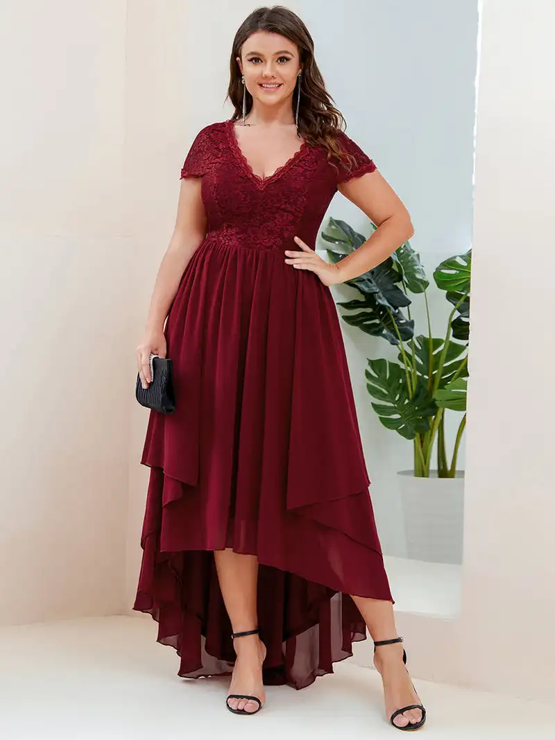 

Plus Size 9XL Evening Dresses Deep V Neck Short Sleeves Knee-Length 2023 Ever Pretty of Burgundy Mother of Bridesmaid Dresse