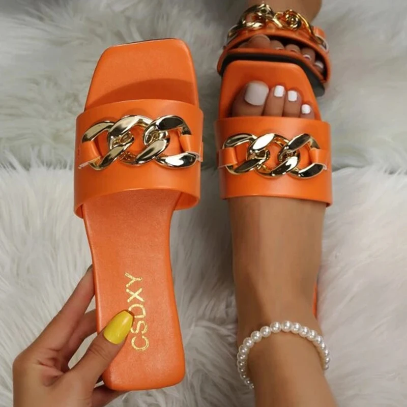 2023 New Women Summer Slipper Square Toe Chain Flat Slide Sandals Beach Cute Temperament Flip Flops Ladies Big Size Woman Shoes