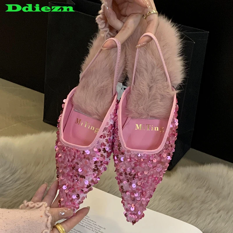 

Sandals Mules Slippers Women New In 2023 Fashion Casual Fur Slides Bling Female Shoes Ladies Outside Pointed Toe Flats