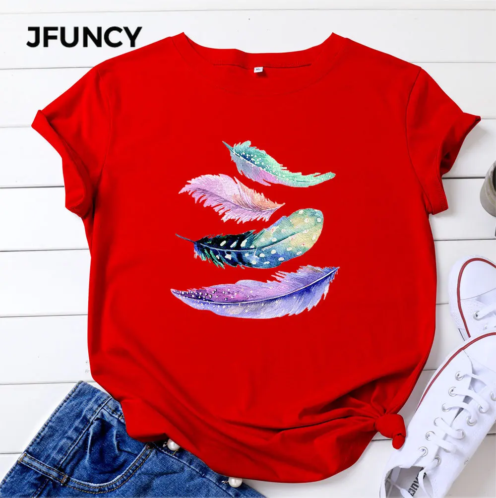 

JFUNCY Women Summer T-shirt Woman Short Sleeve Tops Colorful Feathers Print Tshirt Casual Loose Female Cotton Tees