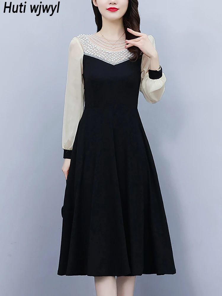 

Женское винтажное платье средней длины, черное платье составного кроя с длинным рукавом, украшенное бусинами, роскошное платье для выпускного вечера, весна-осень 2023