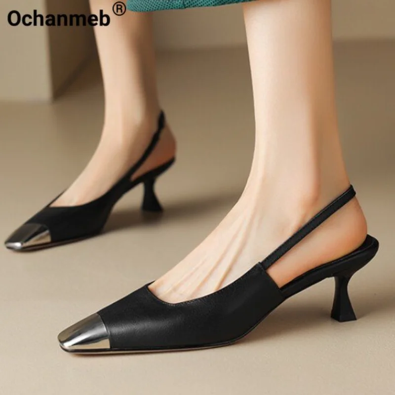 

Босоножки Ochanmeb женские из натуральной кожи, дизайнерские сандалии на каблуке с ремешком на пятке, с котятами, цвет черный/телесный, 41