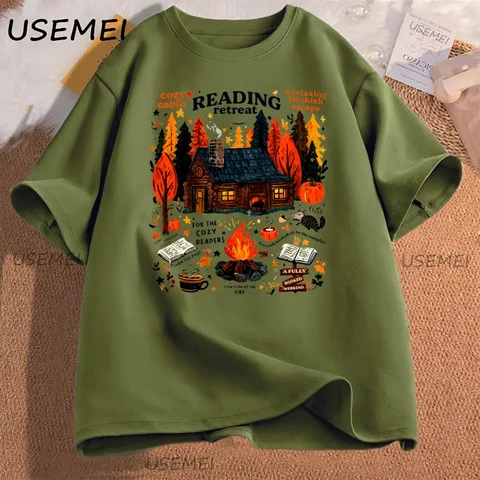 USEMEI Футболка женская хлопковая  Cozy Cabin Reading Retreat