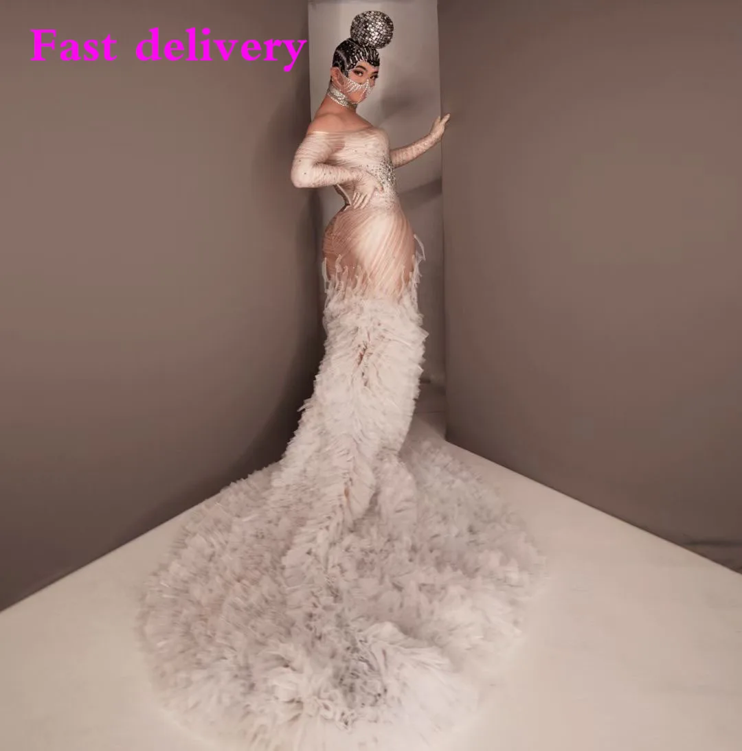 

Женское длинное вечернее платье, белое блестящее платье со складками, одежда для Бальных вечеринок, рождественские Модные сценические костюмы