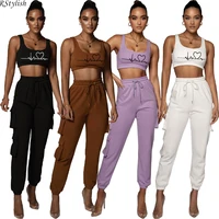 rstylish casual 2 piece sets womens outfits solid sleeveless sweatshirt crop tops pocket sweatpants joggers summer tracksuits