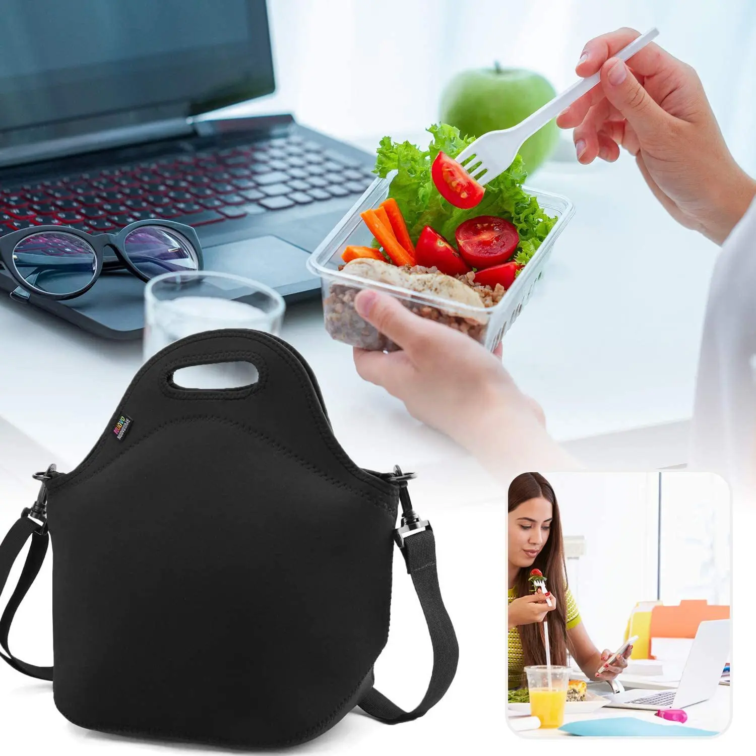 

Women's Thermal Bag Neoprene Lunch Box Black Smooth Lunchbox Lunch Bags for Women Picnic Basket Set Cooler Box