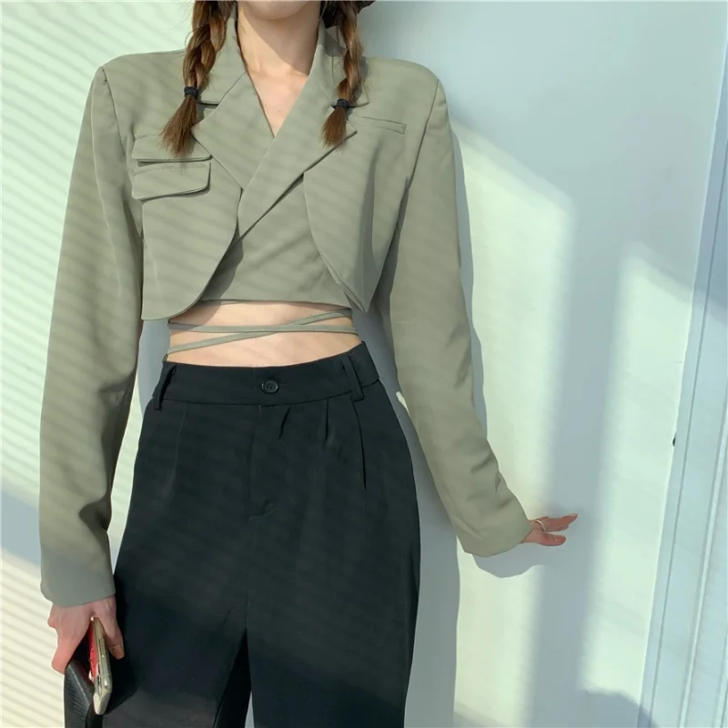 Gray Double Layer Bandage Slim Blazer Korean Fashion Women Long Sleeve Pocket Short Jacket Female Outwear 2022 Blazers Crop Tops