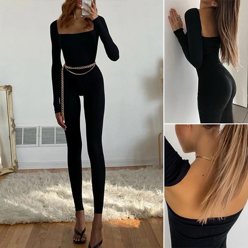 

Women's Jumpsuit With Square Collar Sexy Slim Fit Jumpsuit Women's Black