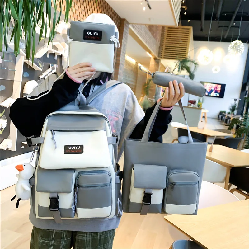 4 Pcs Set Women Canvas School Bags for Teenage Kawaii College Student Kids Book Bag Rucksack Large Capacity Ins Laptop Backpack