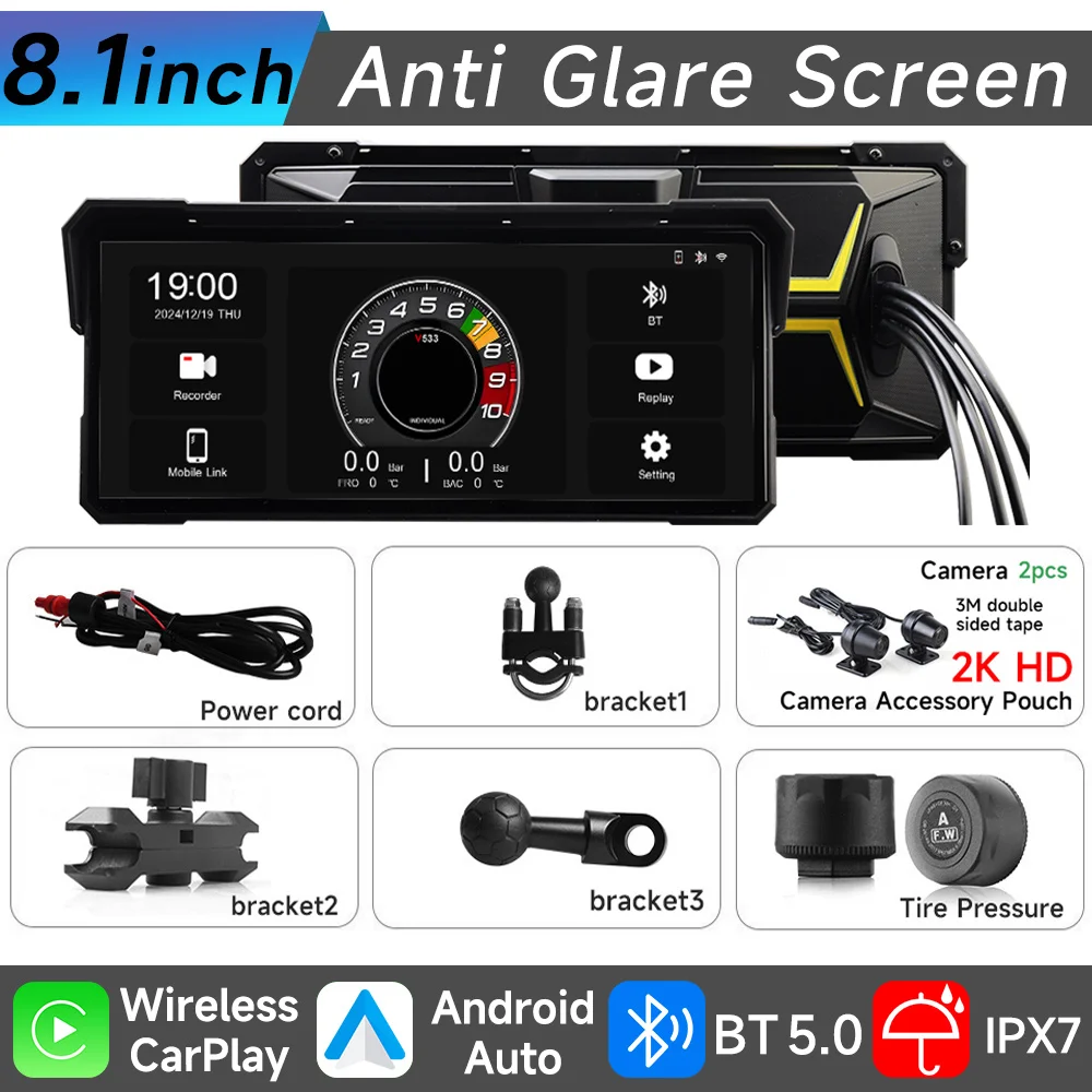 

8,1-дюймовый мотоциклетный GPS-навигатор, беспроводной Carplay, Android Auto, IPX7, водонепроницаемый 2K DVR, рекордер, мотомонитор, WIFI BT