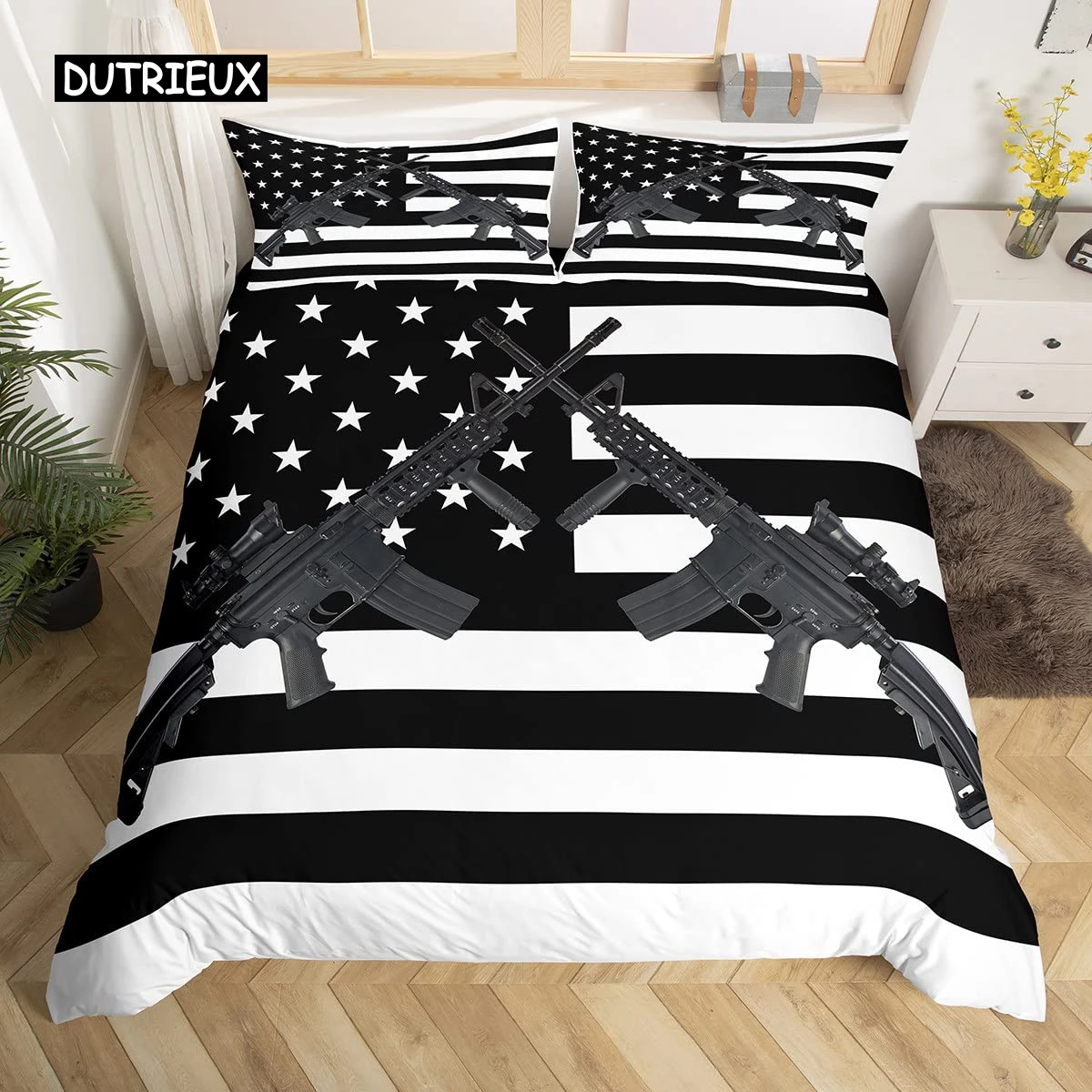 

American Flag Duvet Cover Machine Gun Comforter Cover Queen King Polyester Quilt Cover USA Federations Stars Stripe Bedding Set