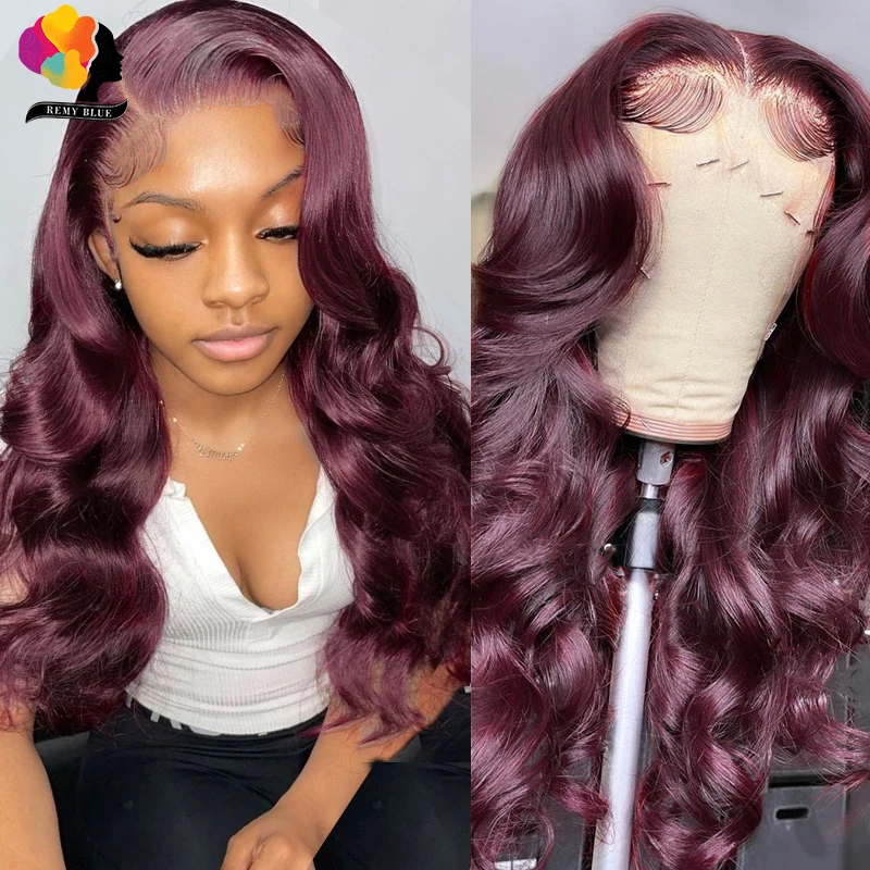 

REMYBLUE Burgundy Colored Human Hair Wigs Body Wave Lace Front Wig Transparent Peruvian Lace Frontal Human Hair Wigs 180% Remy