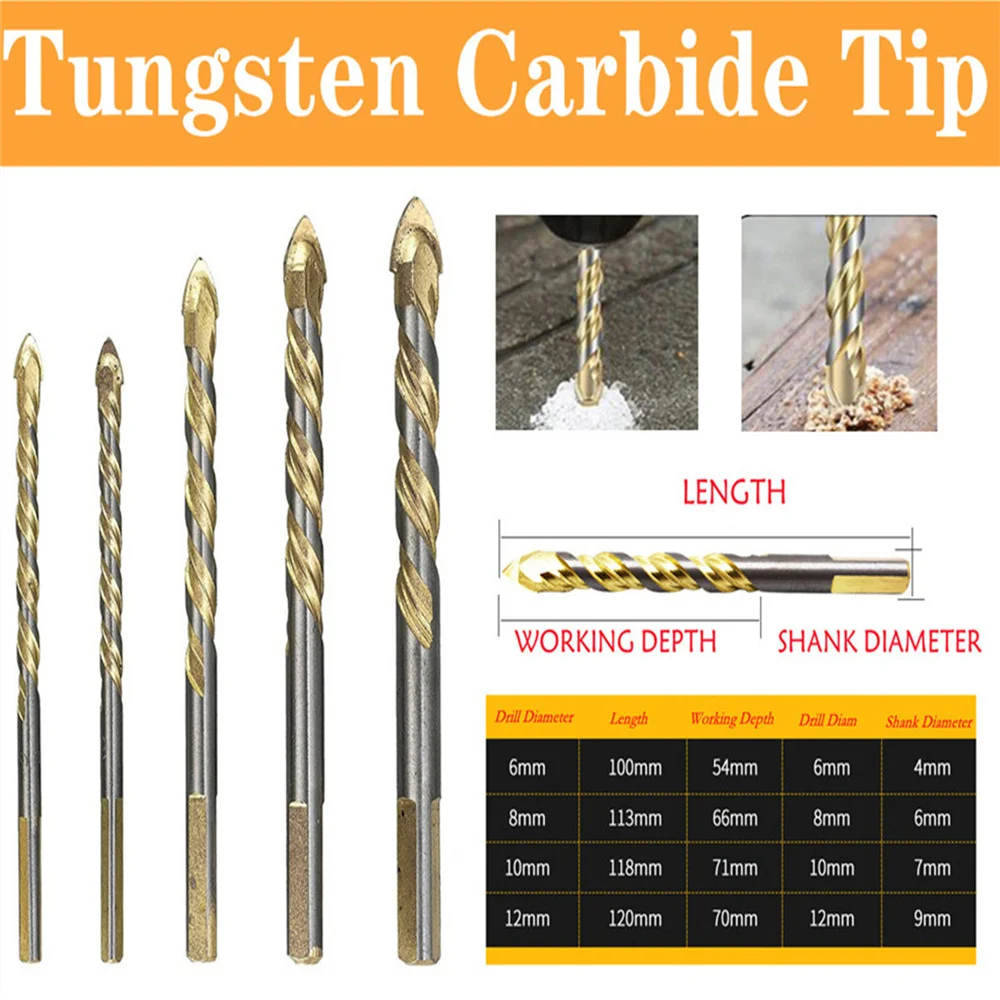 

5pcs Tungsten Carbide Drill Bit Set For Porcelain Tile Concrete Brick Glass Cutting Drilling Slotting Hole Open 6/6/8/10/12mm