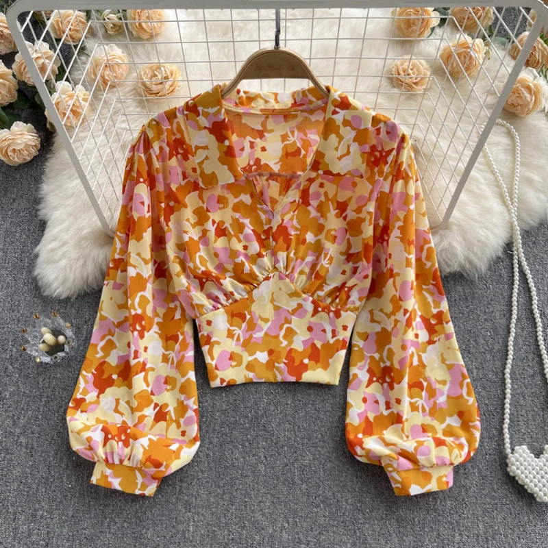

Vintage Floral Print Elegant Women Blouses Lantern Long Sleeve V-Neck Crop Tops French Fashion Slim Woman Blusas Dropshipping