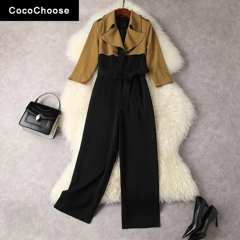 

Fashion Designer Pants For Women Spring 2022 Elegant Notched Collar High Waist Color Block Wide Leg Jumpsuits Overalls Khaki
